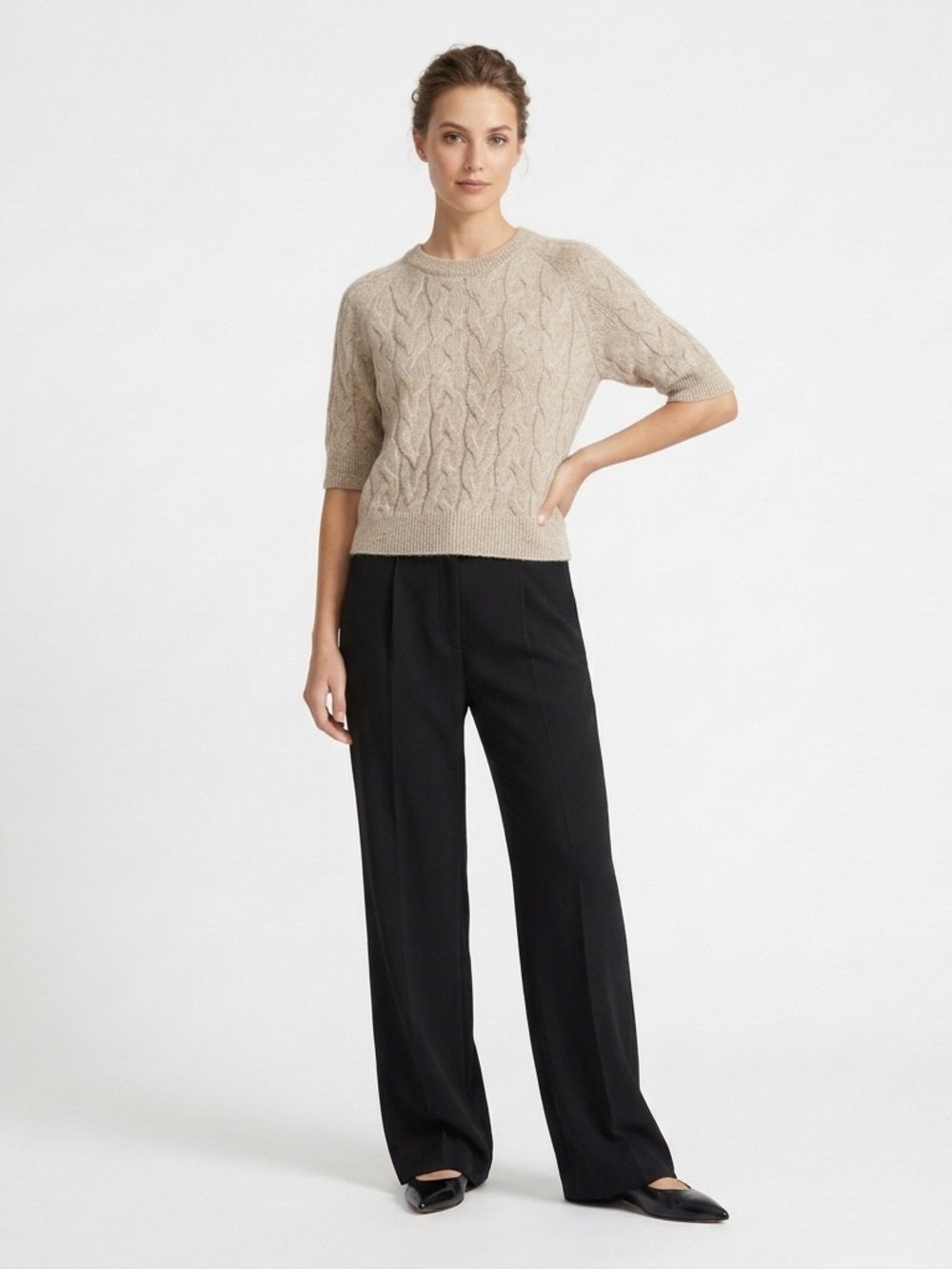 COS Cable-Knit Short-Sleeve Sweater in Beige